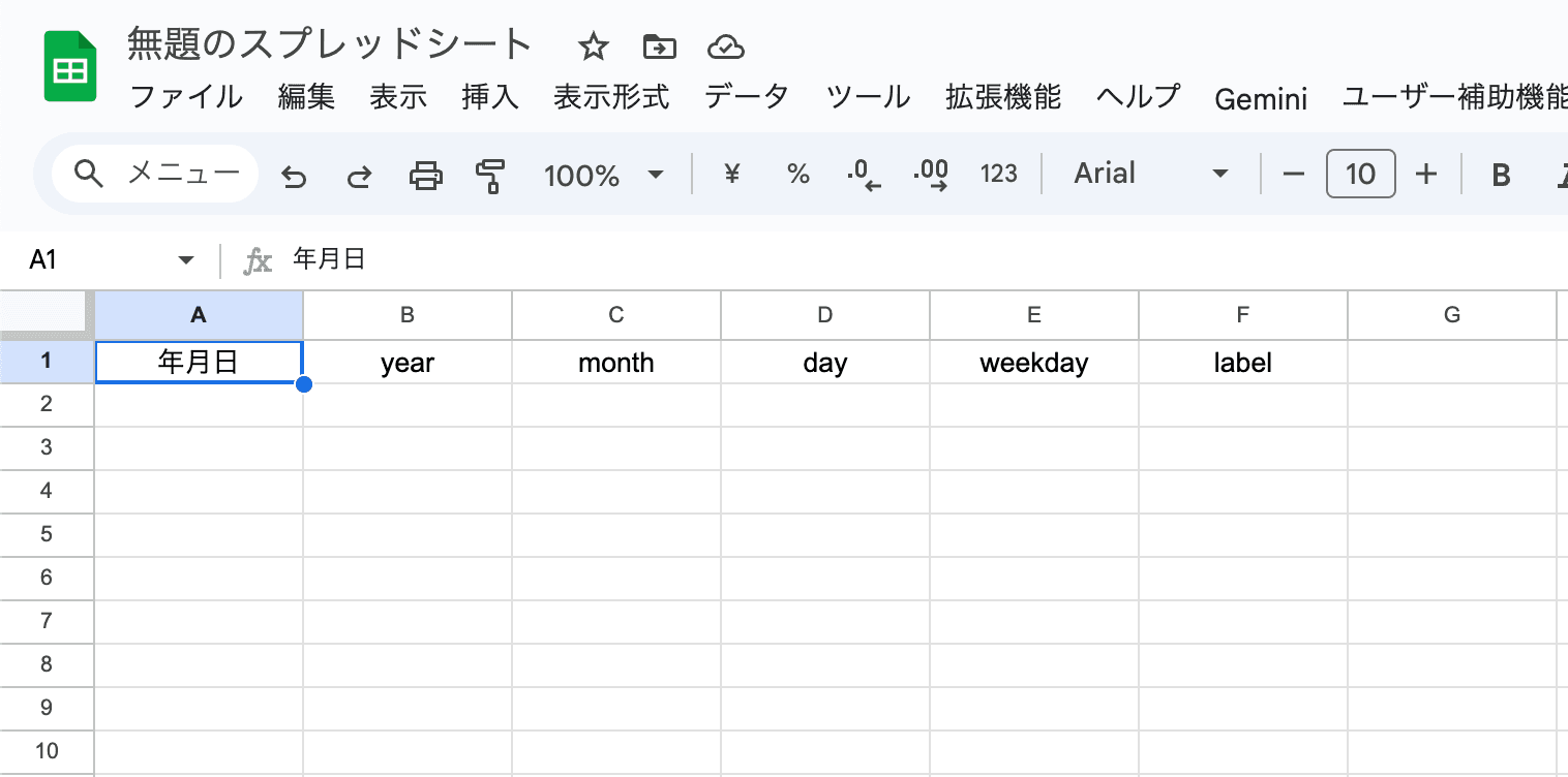 A1〜F1に年月日/year/month/day/weekday/labelを入力した状態
