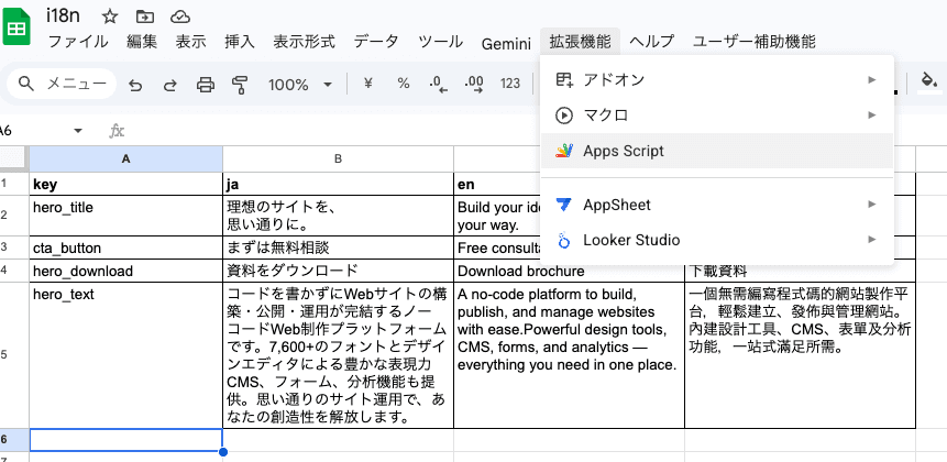 スプレッドシートの「拡張機能」メニューからApps Scriptを選択