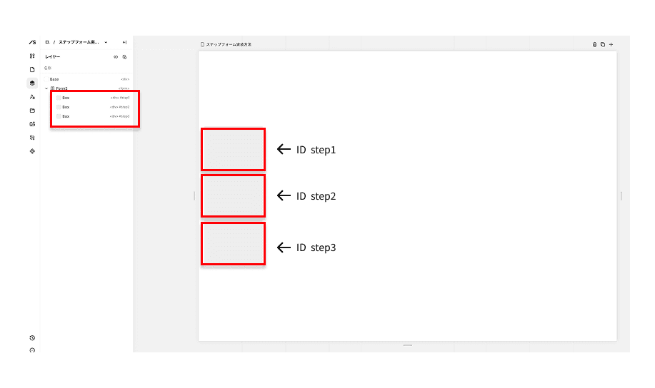 3つのBoxにstep1/step2/step3のIDを設定した状態