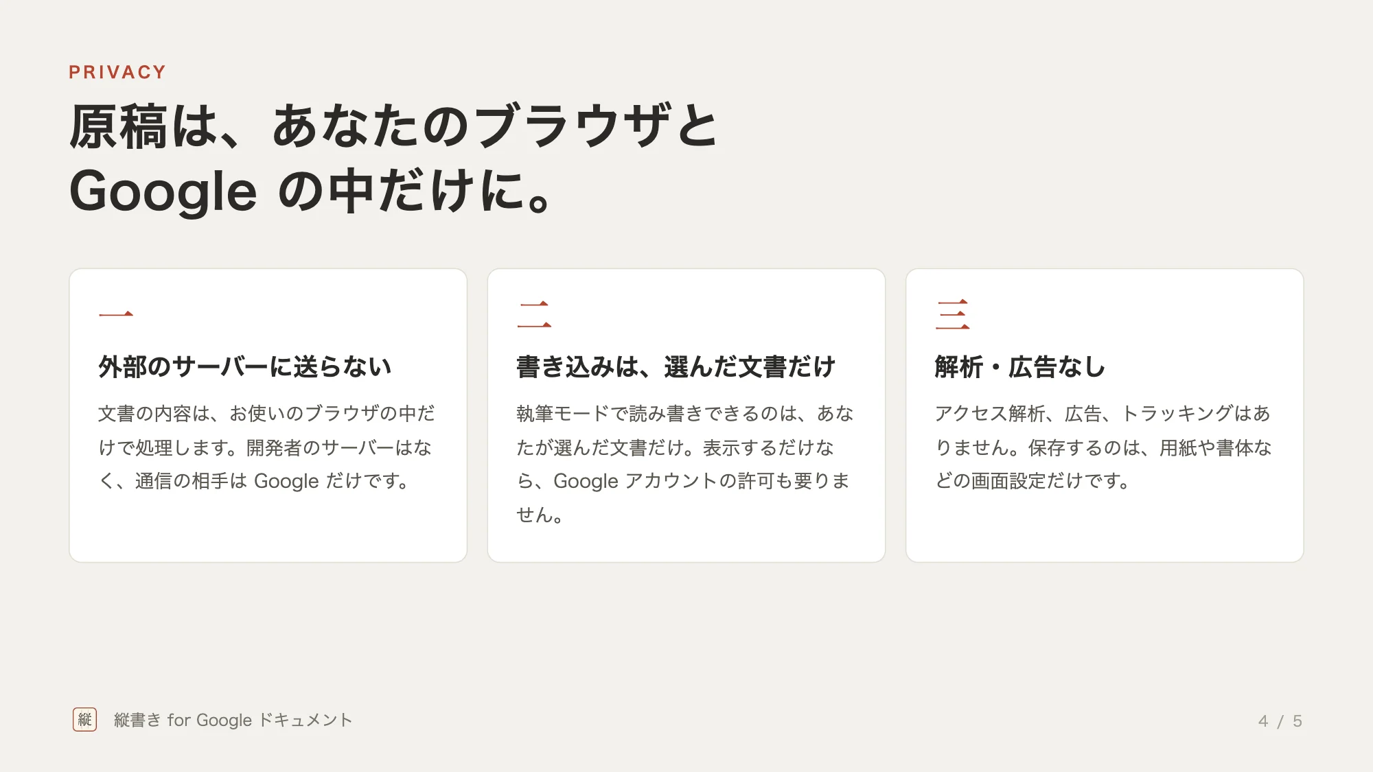 データの扱い。文書の内容は外部のサーバーに送らない。書き込めるのは選んだ文書だけ。アクセス解析や広告はない
